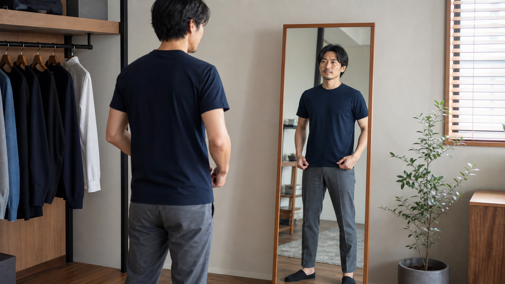 鏡で全身の服のバランスを確認する男性