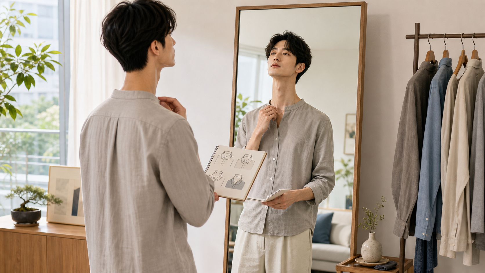 鏡の前で襟元と全体の比率を確認する男性