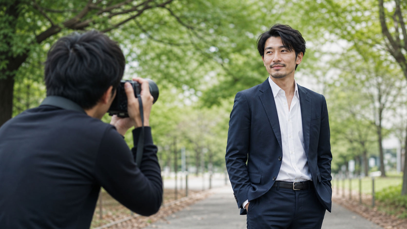 屋外で自然な姿勢のポートレートを撮る男性