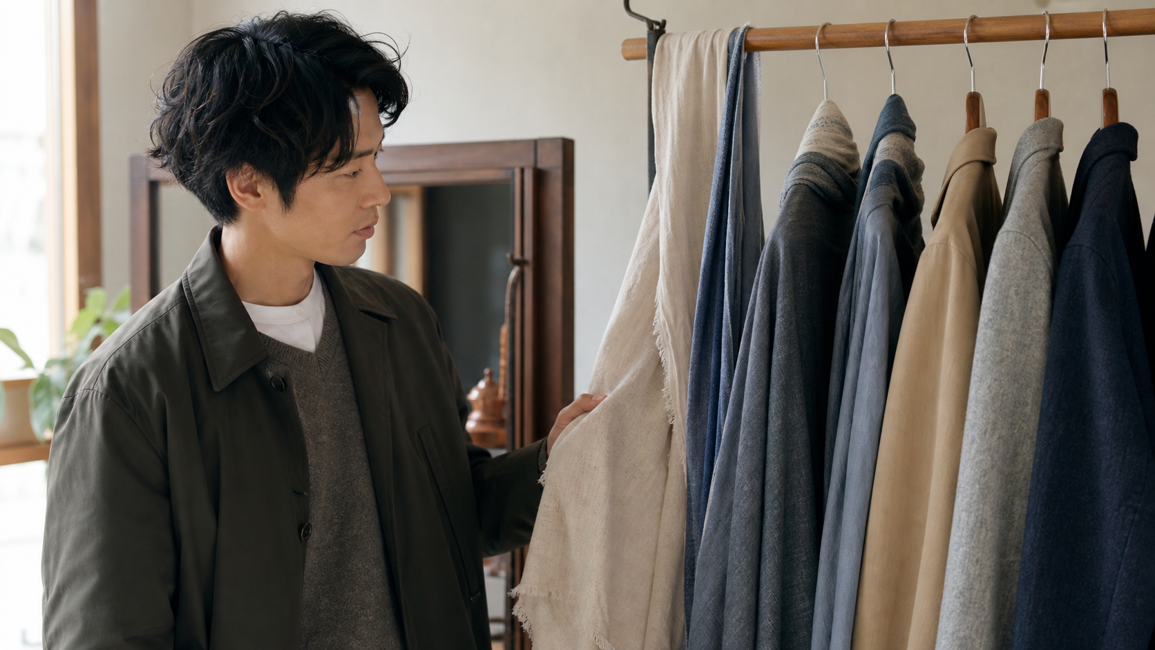 洋服とストールを選ぶ男性