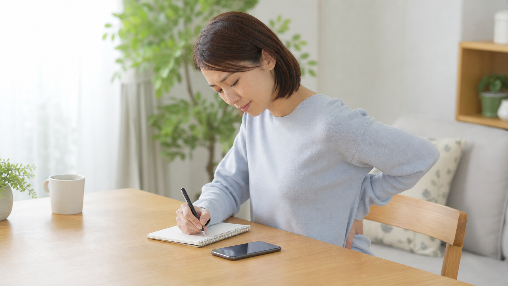 腰痛で会社を休む連絡をスマートフォンで行う様子