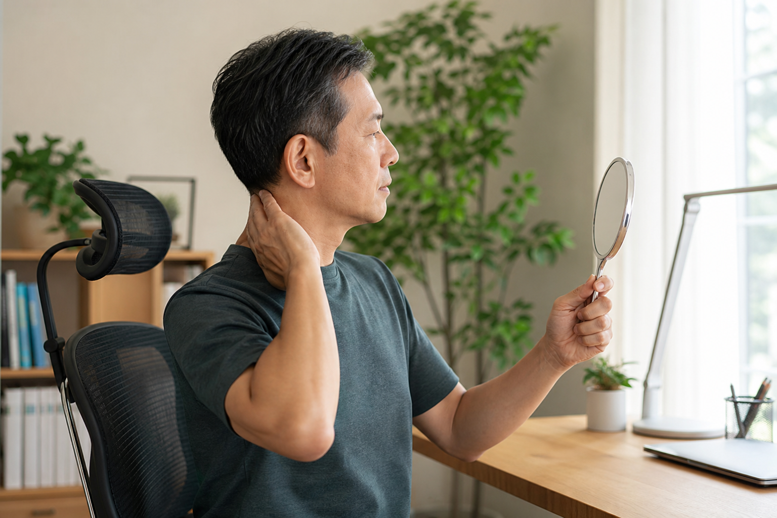 風池・天柱とは？場所・やさしい触れ方と首まわりの注意点：場所を探すときは、首をひねらず鏡と手の感覚を使う