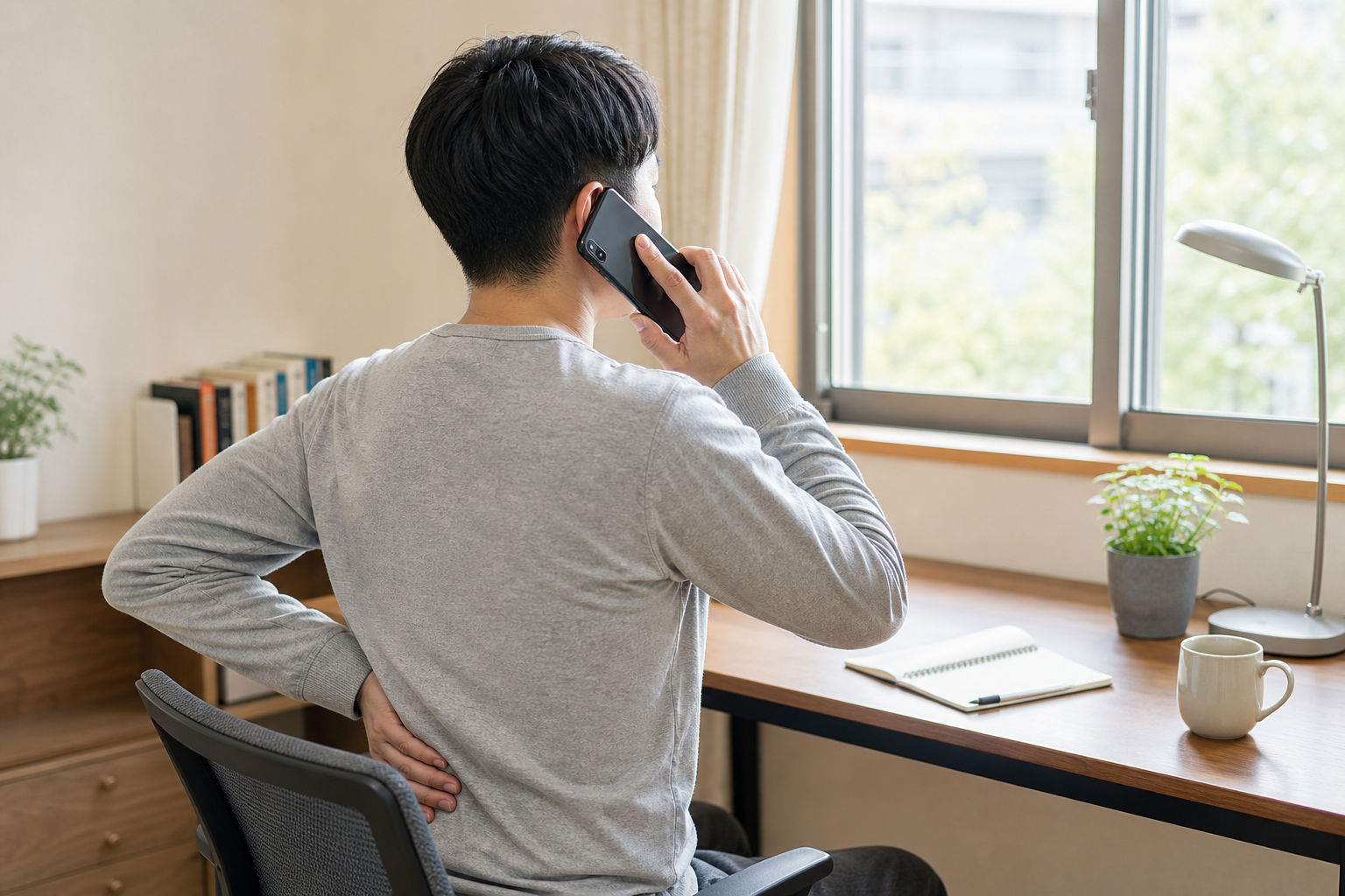 ぎっくり腰で会社へ早めに連絡する男性