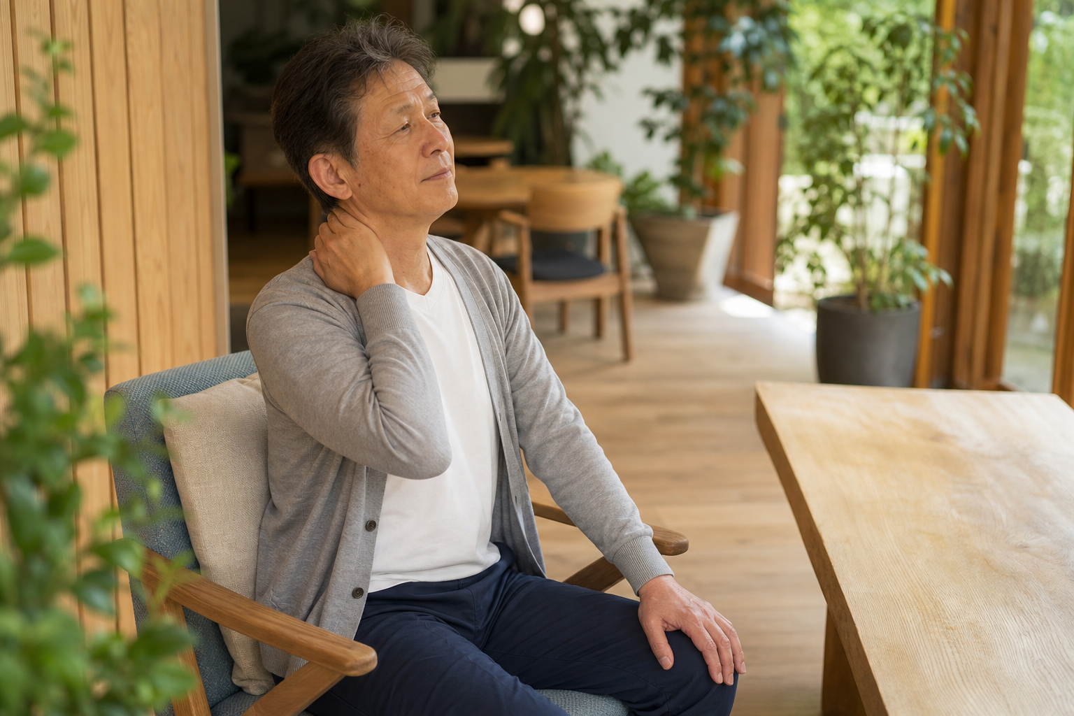 首のツボはどこ？やさしい触れ方・首こりのセルフケアと注意点：指の腹で数秒触れ、息を吐いたらいったん離す