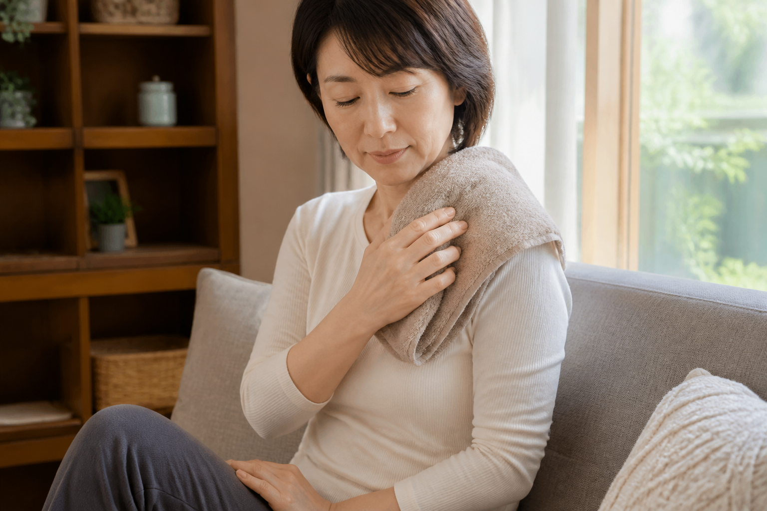 肩井（けんせい）のツボはどこ？場所・やさしい押し方と注意点に関連する肩への温タオル